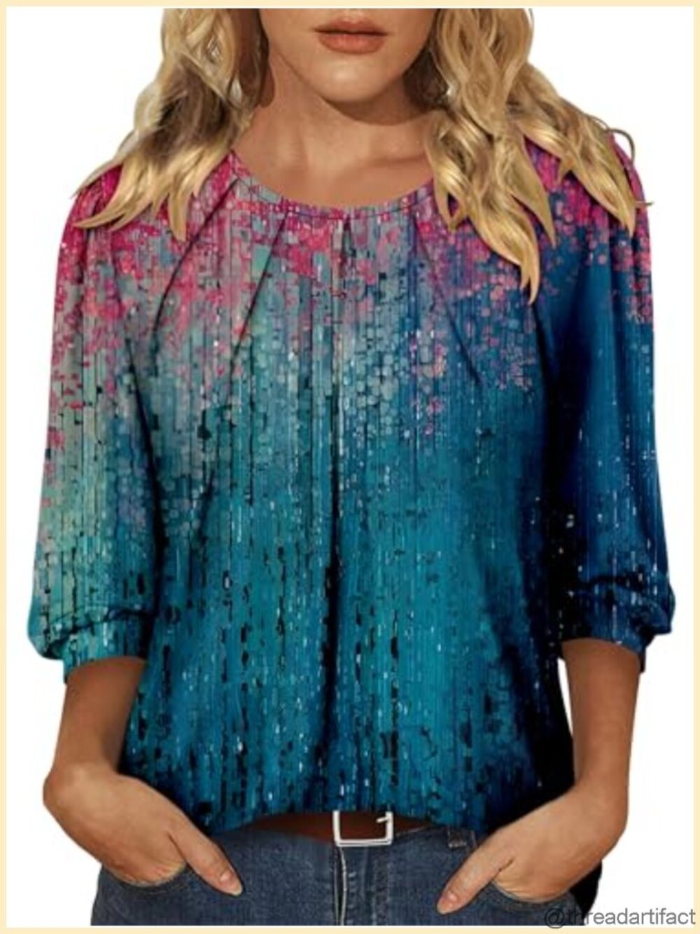 Women's 3/4 Sleeve Pleated Blouse Loose Fit Casual Summer Top